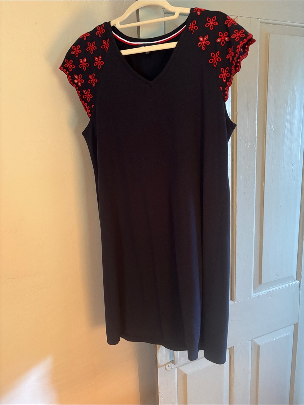 Tommy Hilfiger Navy Crewneck Dress with Red Embroidered Cap Sleeves